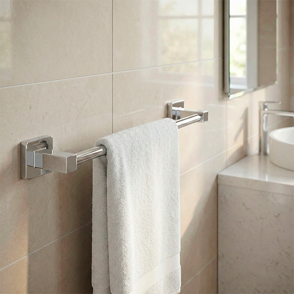 Porta toalha rosto cromado instalado em banheiro