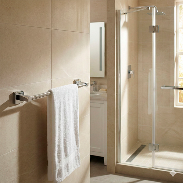 Porta toalha bastão 57cm Omega Premium cromado instalado em banheiro