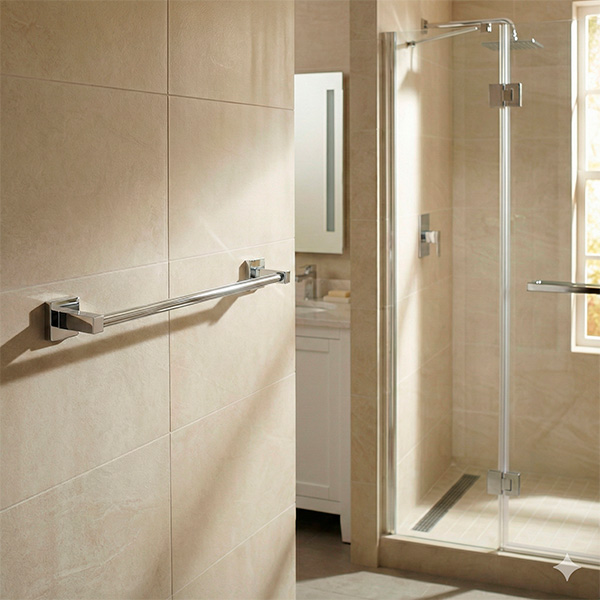 Detalhe do porta toalha bastão 57cm Omega Premium cromado