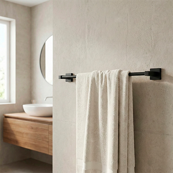 Porta toalha bastão 57cm Omega Premium Preto Fosco instalado em banheiro