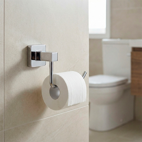 Papeleira porta papel Omega Premium cromado instalada em banheiro